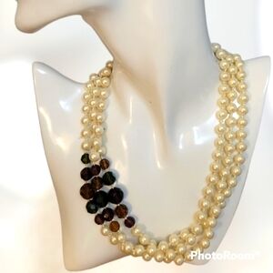 Vtg 1950s Cream Brown Glass Pearl Layered Torsade Necklace